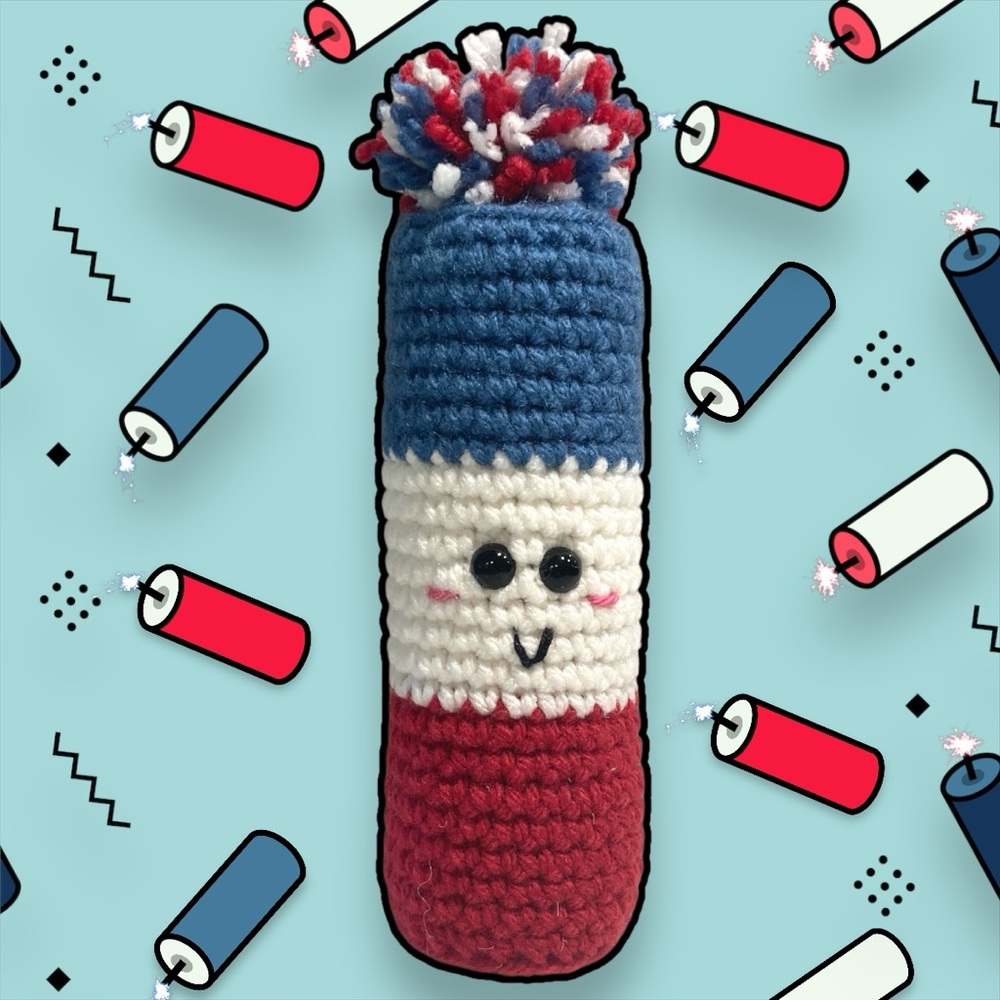 Crochet firecracker play rattle NWT handmade red white and blue 4th of July